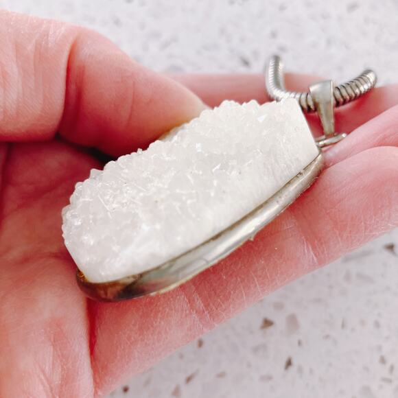 White Druzy Quartz Pendant Necklace on Thick Snake Chain, Boho Style - Picture 7 of 9